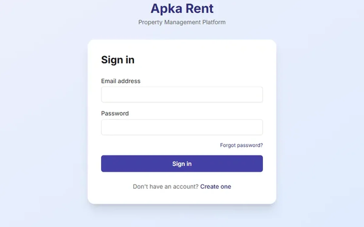 The ApkaRent sign-in screen, deployed on a live property's domain