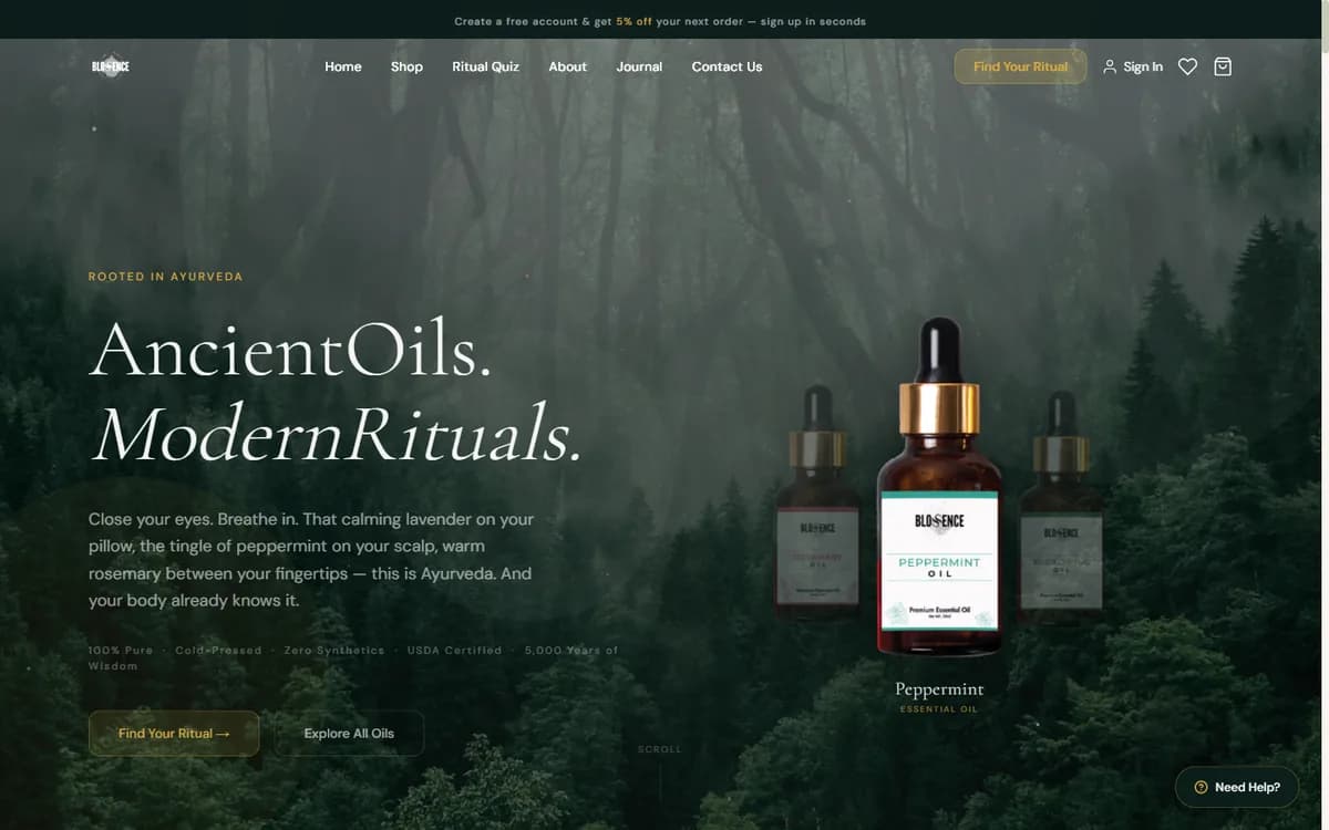 The Blossence storefront — its hero rotating through the essential-oil range, Rosemary through Jojoba