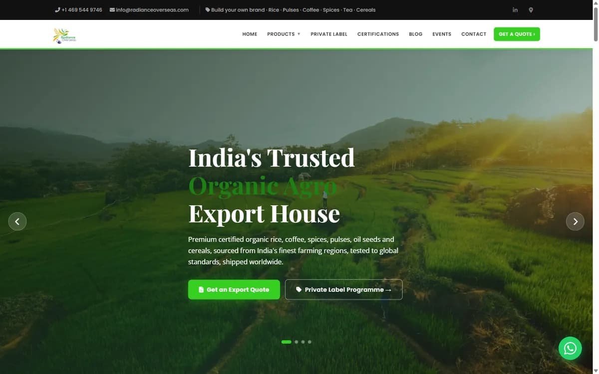 The Radiance Overseas homepage — an Indian organic agricultural export catalogue, its hero carousel cycling