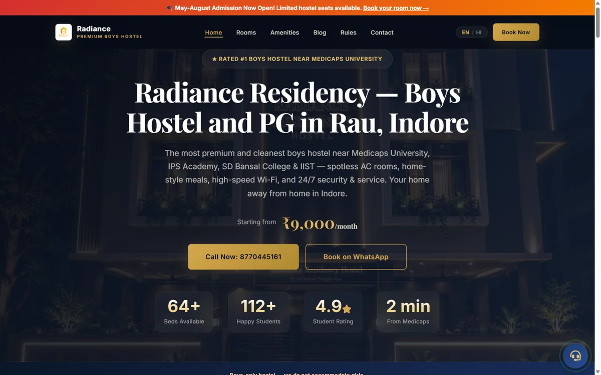 The Radiance Residency homepage — a student hostel in Indore